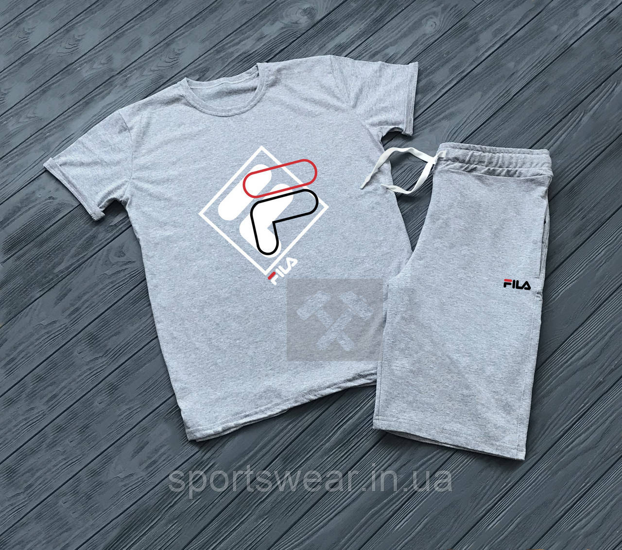 Чоловічий комплект футболка + шорти FILA сірого кольору "" В стилі Fila ""