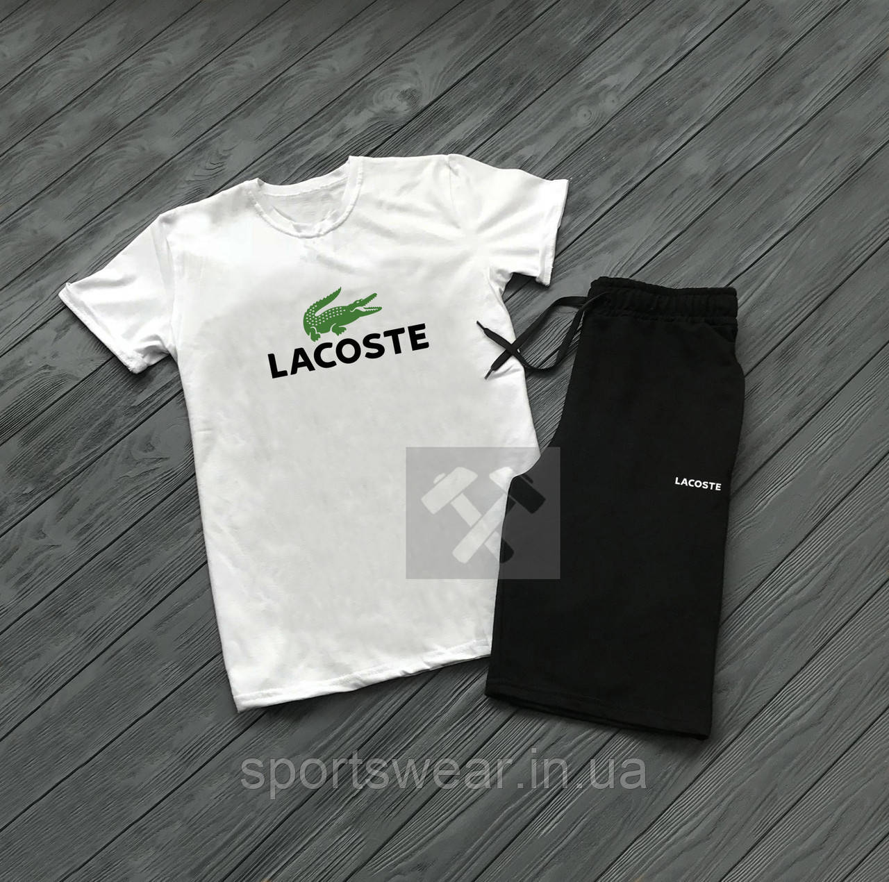 Чоловічий комплект футболка + шорти Lacoste чорного і сірого кольору "" В стилі Lacoste ""