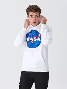 Худі NASA Mister Tee біле HOODIE NASA Кофта чоловіча спортивна з логотипом НАСА Кенгуру з кишенею Трикотаж