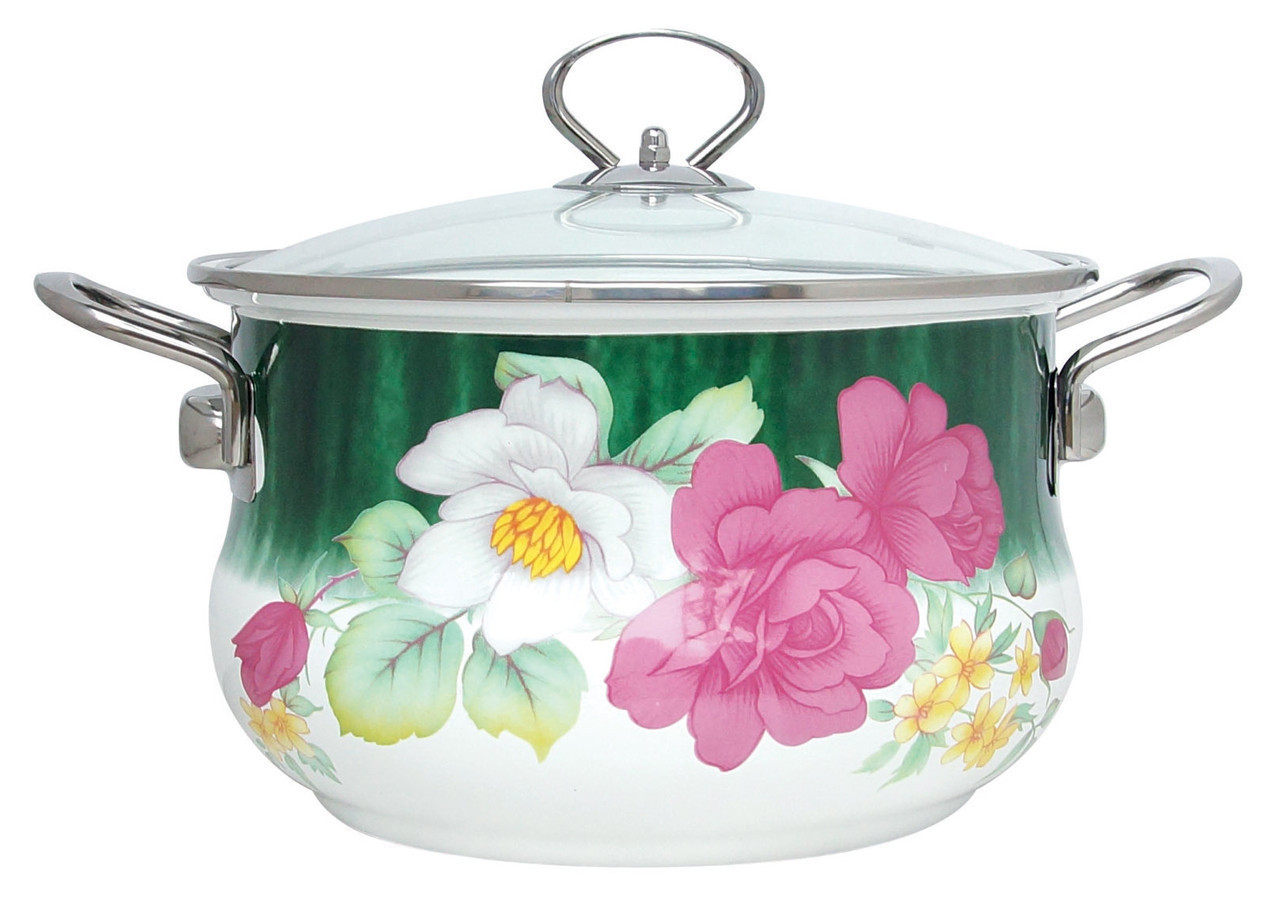 Емальована каструля з кришкою Benson BN-115 біла з квітковим декором (5.9 л) | кухонний посуд | каструлі, фото 1