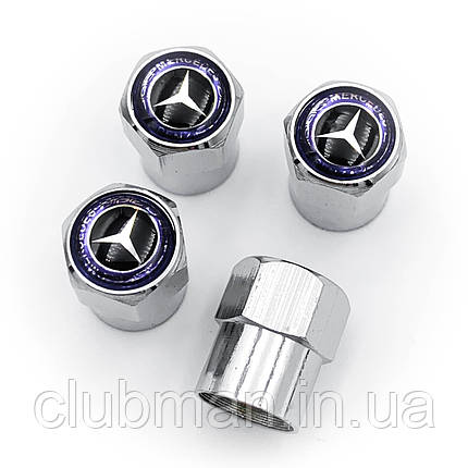 Захисні ковпачки на ніпеля Mercedes benz (Мерседес) 4 шт Класік Синій обід Сріблясті, фото 1