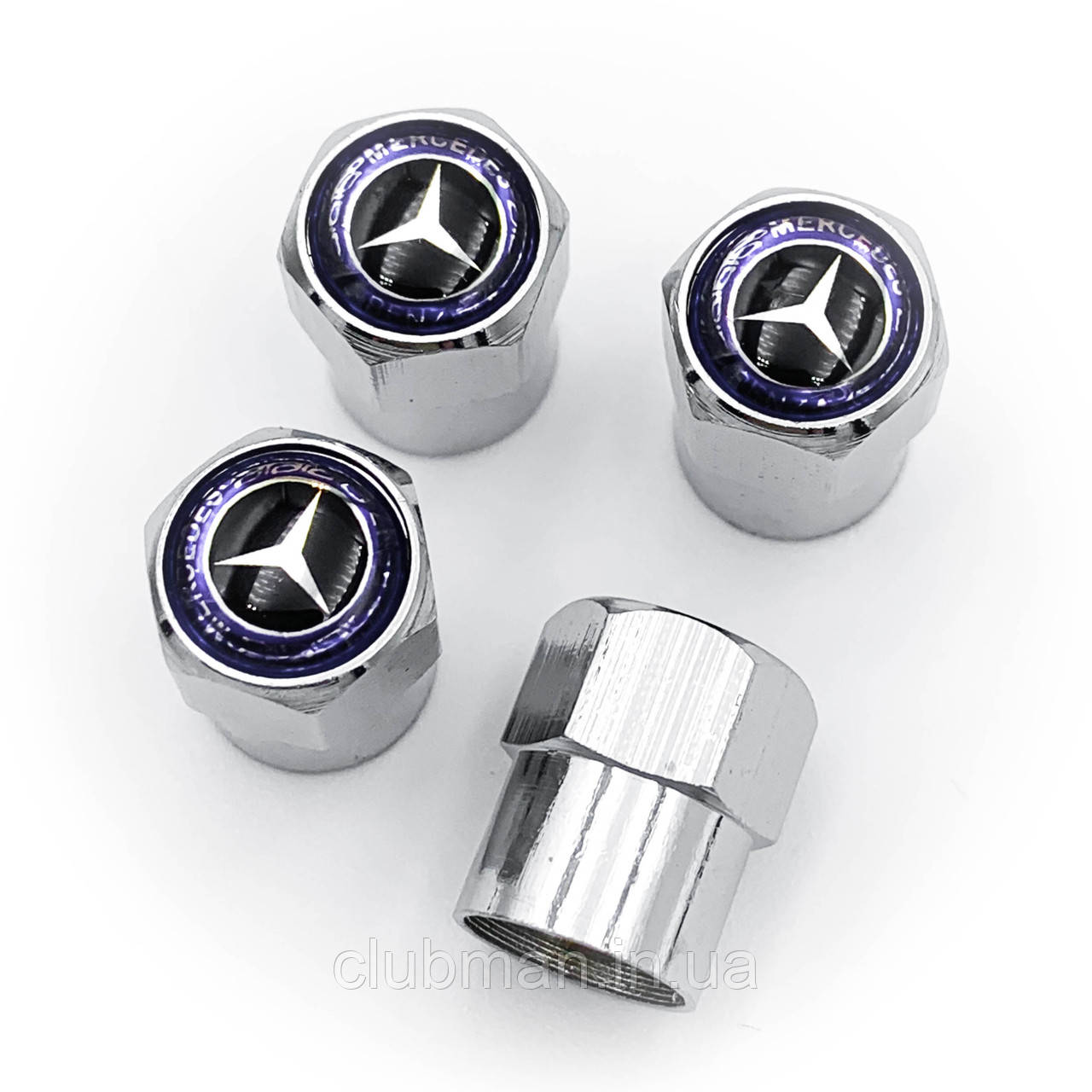 Захисні ковпачки на ніпеля Mercedes benz (Мерседес) 4 шт Класік Синій обід Сріблясті