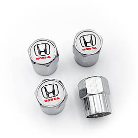 Захисні ковпачки на ніпеля HONDA (Хонда) 4 шт Білий фон Червона напис Сріблясті