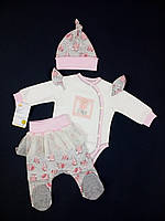 Комплект для новорождённой из футера боди + ползунки + шапочка HappyTot Сердечко 56см серый с молочным 983ф