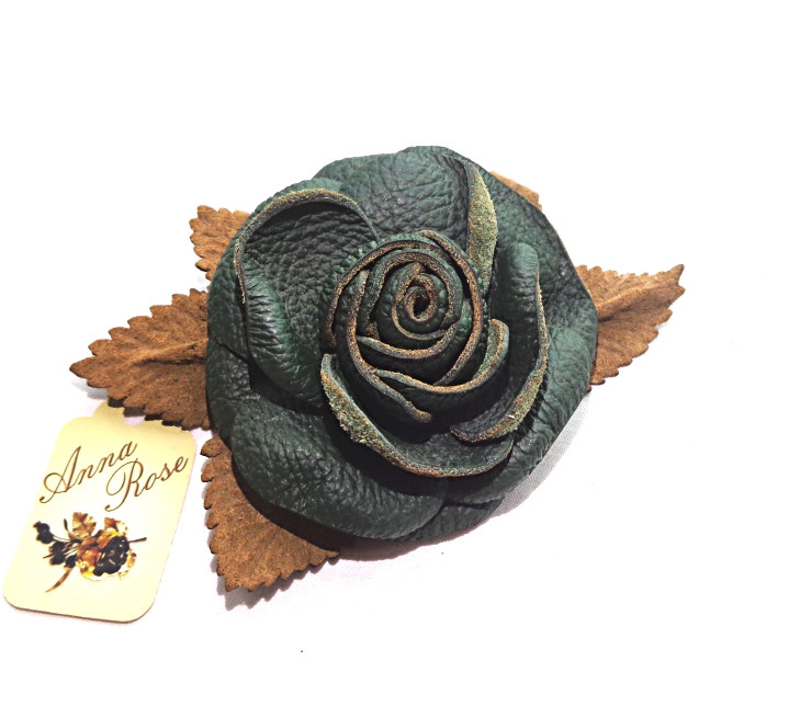 Брошка квітка зі шкіри ручної роботи "Зелена Троянда"