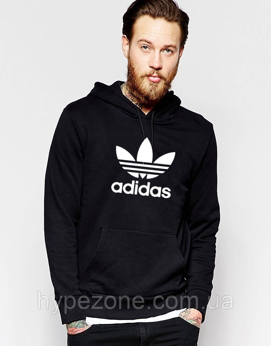 Худі Adidas чоловіча спортивна, Кофта з капюшоном принт Адідас Чоловіча толстовка Кенгурушка чорна трикотажна