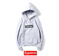 Худи Supreme мужское, женское серое с черным лого Сюприм. Толстовка с капюшоном Супрем Летняя\Осенняя\Зимняя