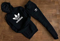 Костюм мужской спортивный Adidas Кофта с капюшоном кенгуру с принтом Адидас черная, штаны мужские с карманами