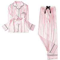 Пижама женская шелковая в стиле VS с длинным рукавом. Комплект атласный в полоску для дома р. L (розовый)