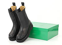 Кожаные боты для девушек Боттега Венета черные Высокие ботинки осенние женские Bottega Veneta БЕЗ МЕХА