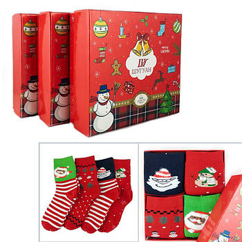 Новорічні махрові жіночі шкарпетки на подарунок комплект 4 пари