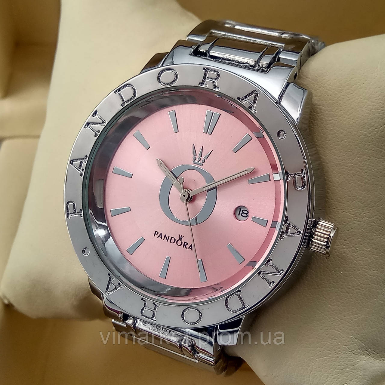 Жіночі кварцові наручні годинники Dior B198-2 срібного кольору рожевий циферблат з датою металевий браслет