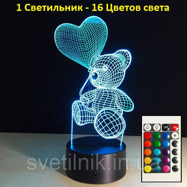 1 Світильник -16 кольорів світла! Дитячий нічник, 3Д світильник Ведмедик з кулькою, з пультом управління