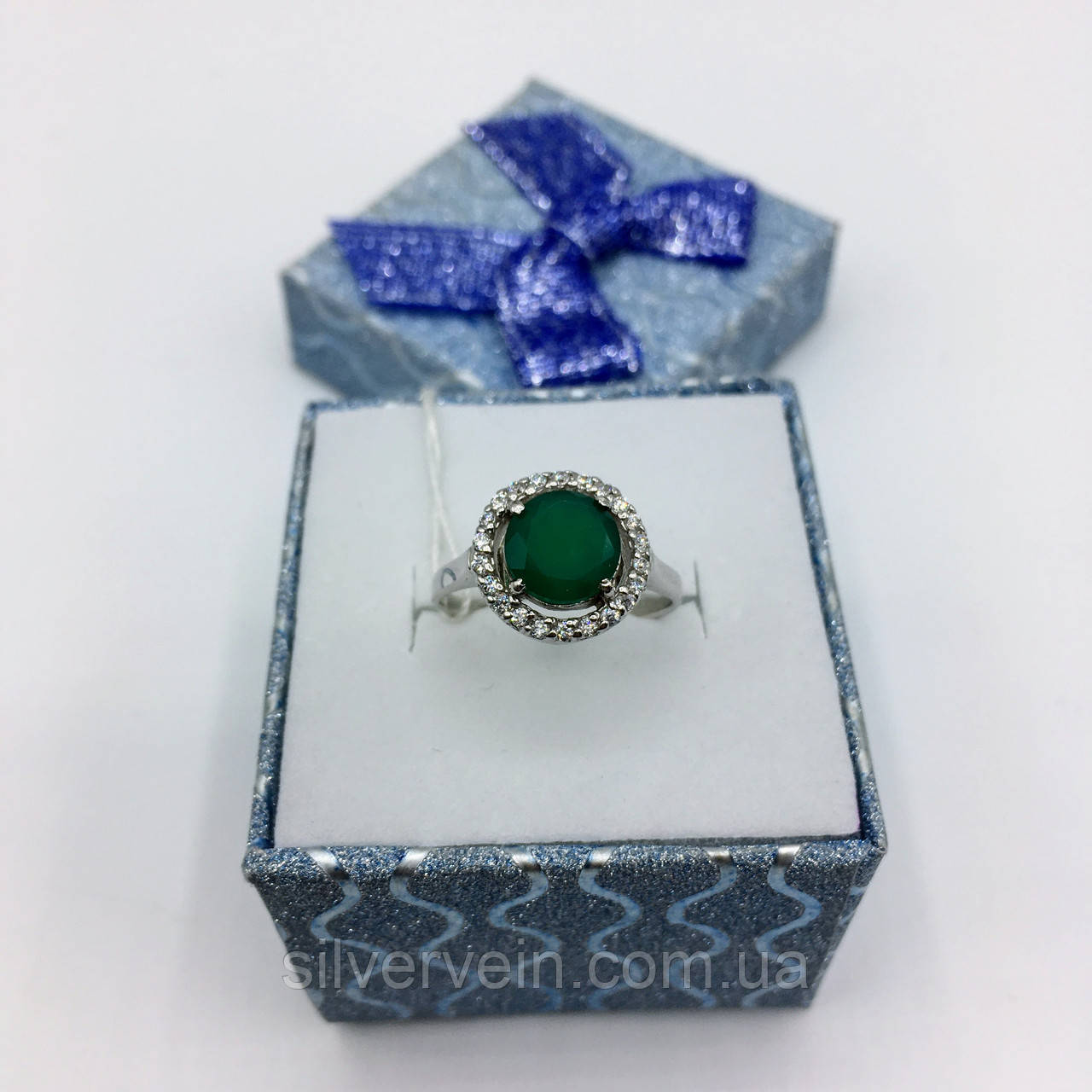 Срібне кільце  натуральний зелений агат фіанітами, фото 1