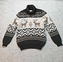 В'язаний светр дитячий з оленями для хлопчиків 6-7 років смарагдовий