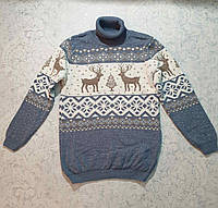 Вязаный свитер детский с оленями для мальчиков 6-7,8-9 лет индиго