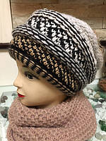 Женская шапка чалма Perfect TM Loman, двойная вязка, полушерстяная, цвет меланж с бежем, размер 56-59