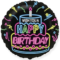 Фольгированный шарик Flexmetal 18"(45 см) Круг "Wish you a Happy Birthday" неон