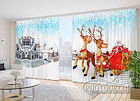 Новогодние Фото Шторы "Дед мороз на санях и домики" 2,7м*2,9м (2 полотна по 1,45м), тесьма