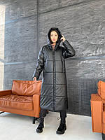 Довге зимове чорне пальто з еко шкіри жіноче