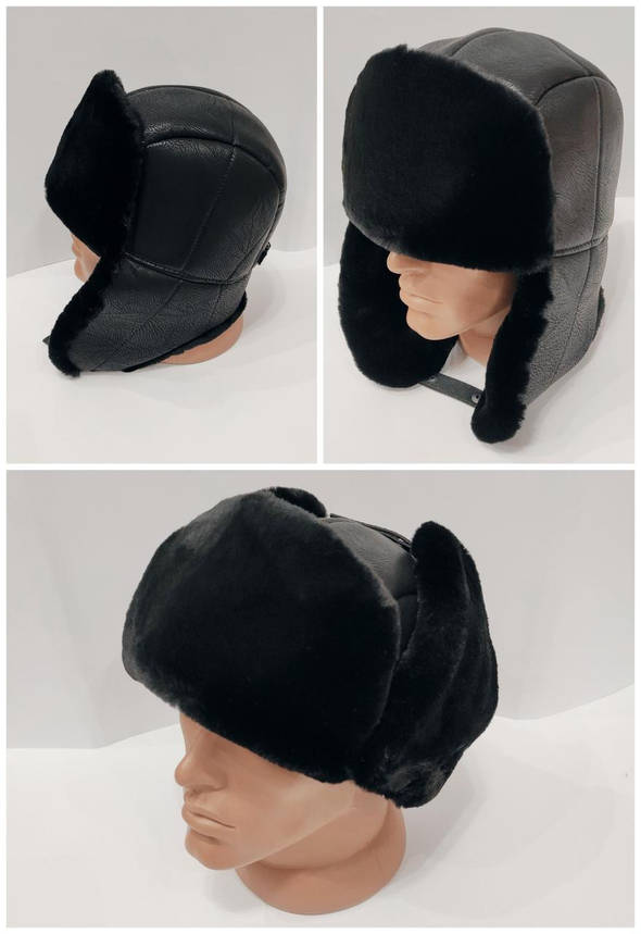 Шапка ушанка молодіжна зима кожзам + хутро чорний, фото 1