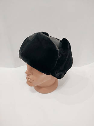 Шапка ушанка молодіжна зима кожзам + хутро чорний, фото 3