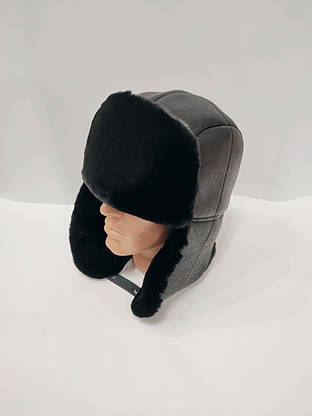 Шапка ушанка молодіжна зима кожзам + хутро чорний, фото 4