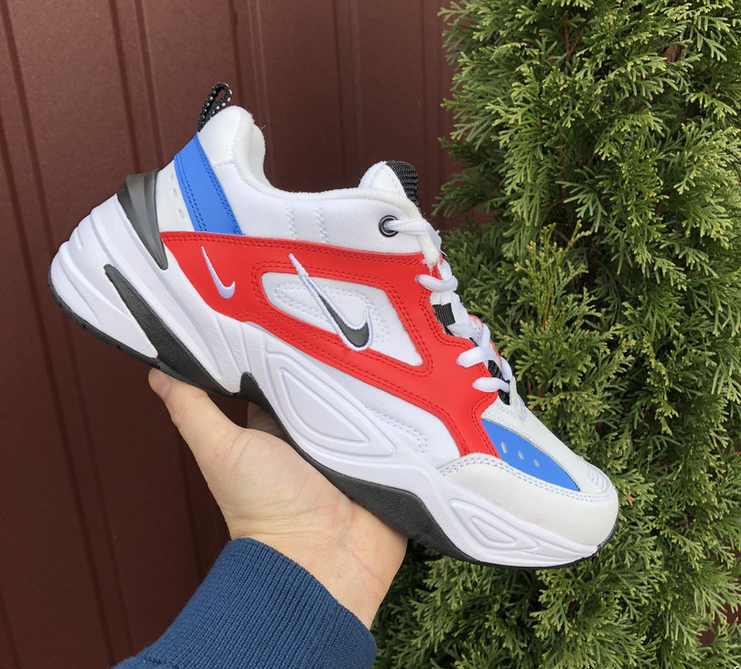 Чоловічі кросівки Nike M2K Tekno шкіряні білі з червоним і синім