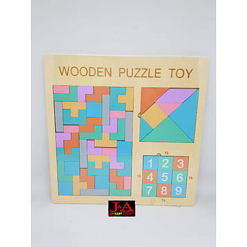 Дерев'яна головоломка Wooden Puzzle Toy 3в1 Дитяча Розвивальна гра з дерева Пазл танграм тетріс плями, фото 3