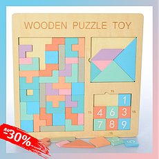 Дерев'яна головоломка Wooden Puzzle Toy 3в1 Дитяча Розвивальна гра з дерева Пазл танграм тетріс плями, фото 4