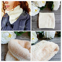 Теплий жіночий снуд білий (молочний), хомут в'язаний з хутряною підкладкою, бафф великої в'язки з хутром
