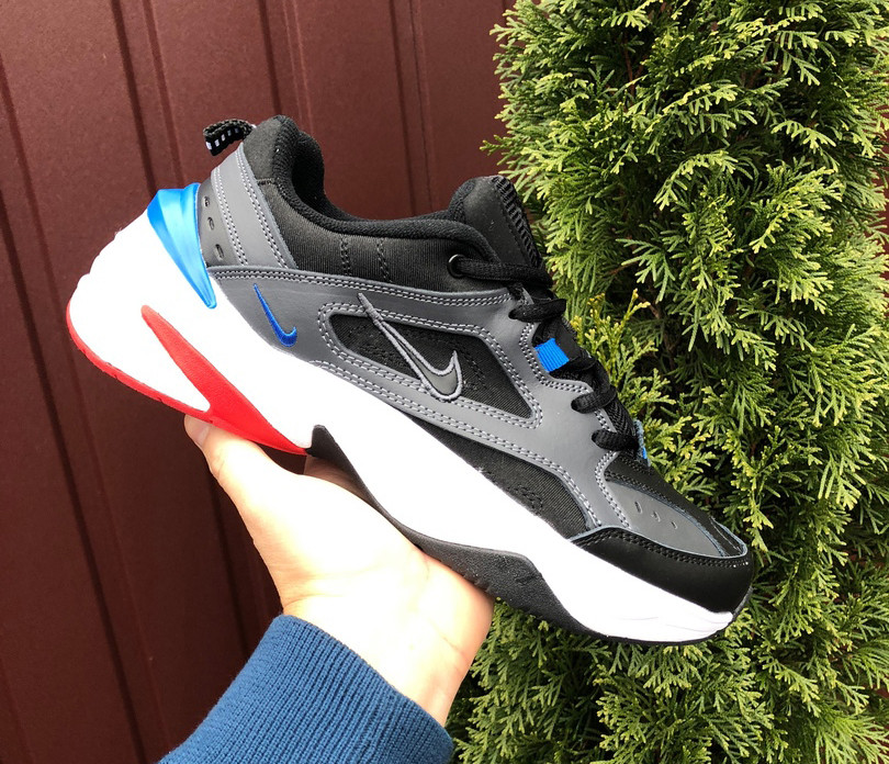Чоловічі демісезонні кросівки Nike M2K Tekno шкіряні чорні з білим і сині