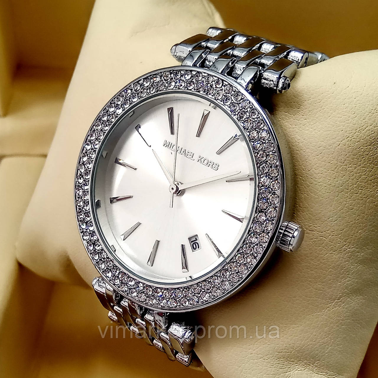 Жіночі кварцові наручні годинники Dior B198-2 срібного кольору рожевий циферблат з датою металевий браслет