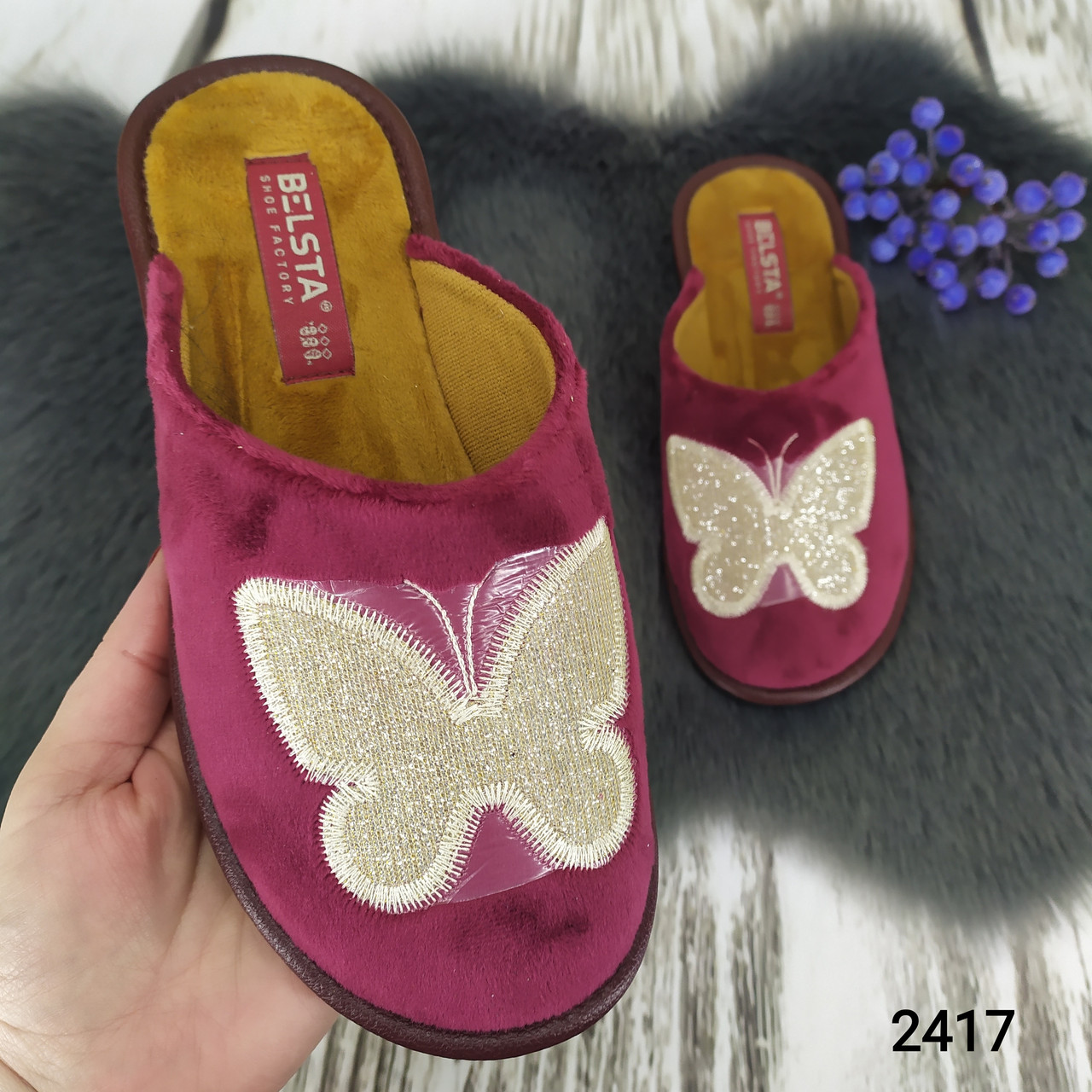 Жіночі кімнатні капці Белста з закритим носком, велюрові бордові, фото 1