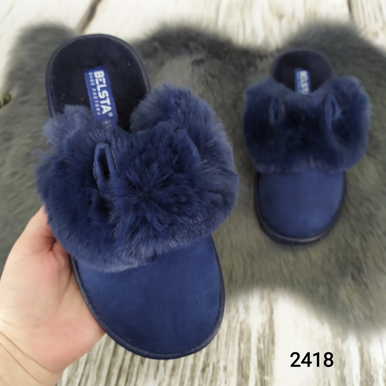 Тапочки жіночі Белста теплі із закритим носком сині з хутром та вушками 2418, фото 1