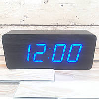 Деревянные Электронные настольные часы с подсветкой (синие цифры) Настоящие фото