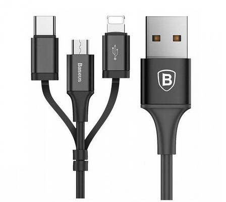 Кабель для зарядки телефона/ смартфона Baseus MicroUSB+Lightning+Type-C 1.2 м Чорний (CA3IN1-ZY01), фото 1