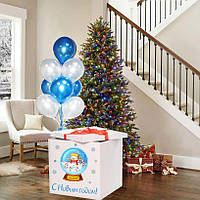 Новогодняя Коробка-сюрприз большая с гелиевыми шарами 70х70см (Снеговик в банке)+наклейка+декор+надпись