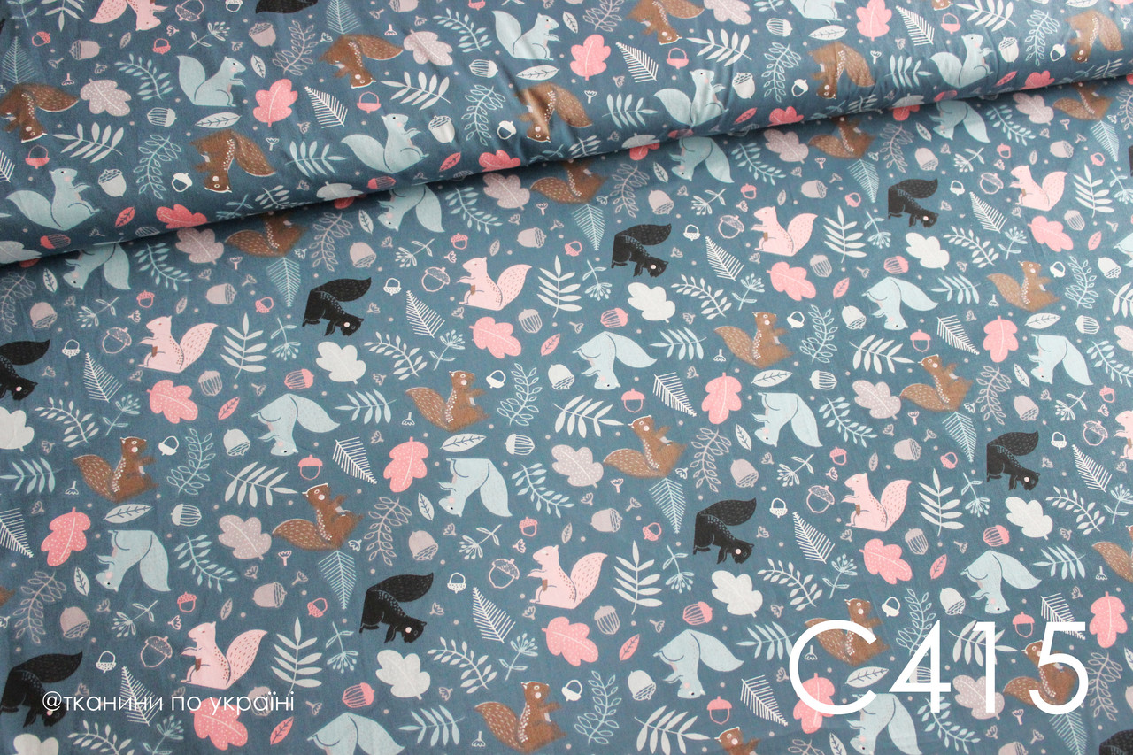 Тканина сатин Білочки на синьому