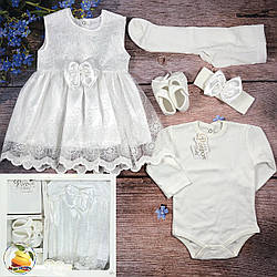 Платье, колготки, боди, пинетки и повязка на крещение Размер: 0-3 месяца (01260)