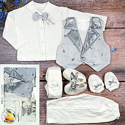 Хрестильний набір з сірої жилеткою для хлопчика Розмір: 0-3 місяці (01268)