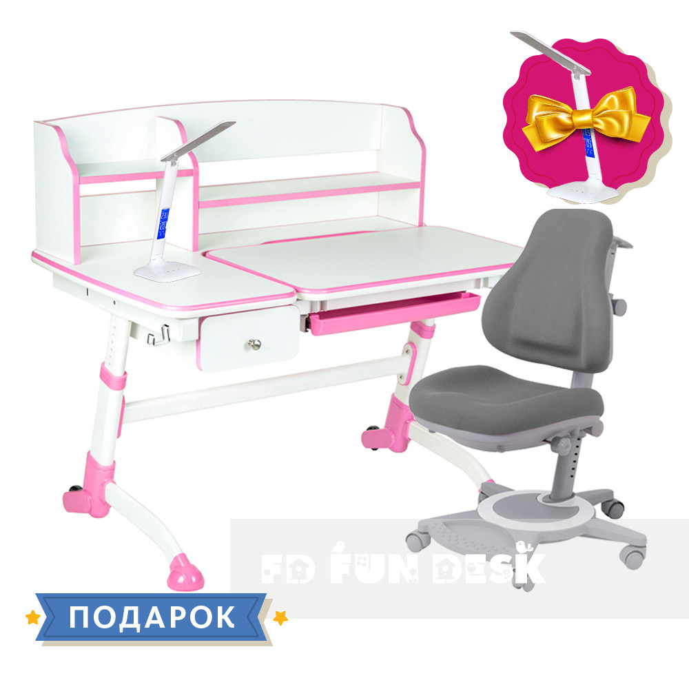 Комплект для дівчинки 👧 парта Amare II Pink з висувним ящиком + універсальне крісло FunDesk Bravo Grey, фото 1