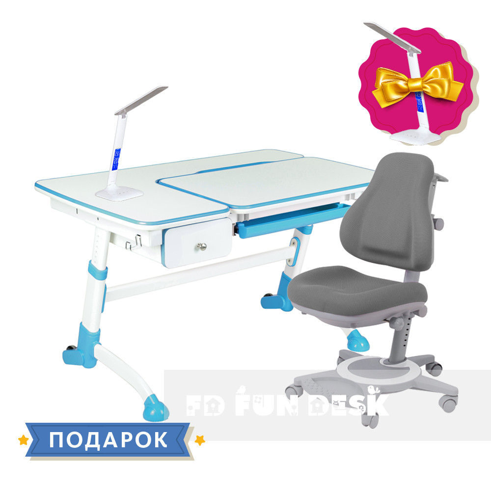 Комплект дитяча парта для школяра FunDesk Amare Blue +універсальне крісло FunDesk Bravo Grey