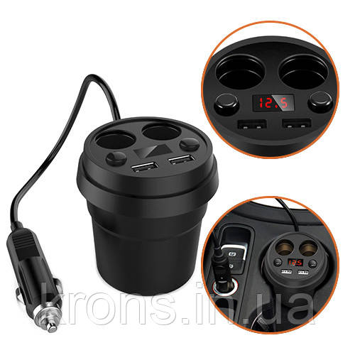Автомобільний зарядний Стакан 2xUSB 3.1А розгалужувач вольтметр в авто