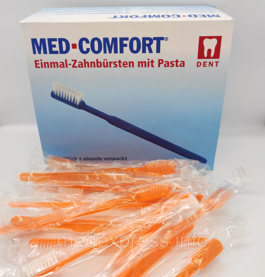 Щётка зубная одноразовая с пастой Med Comfort оранжевая, 100 шт/уп - фото 1 - id-p1316326763