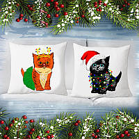 Парные декоративные подушки с принтом "Кошечки: Новый Год"
