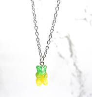 Ведмедик кулон з ланцюжком, салатовий + жовтий -довжина 48см, смола, цинковий сплав