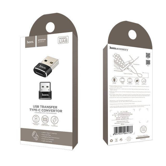 

Переходник Hoco UA6 USB Male to Type-C Female Adapter Converter Black Гарантия!, Черный