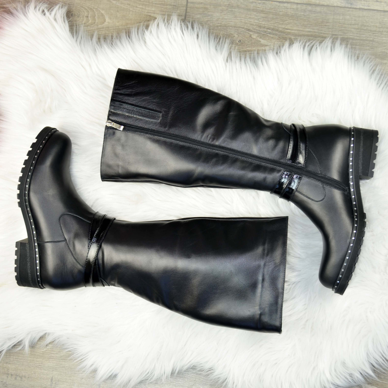 Сапоги женские черные кожаные на маленьком каблуке - фото 4 - id-p1316958401