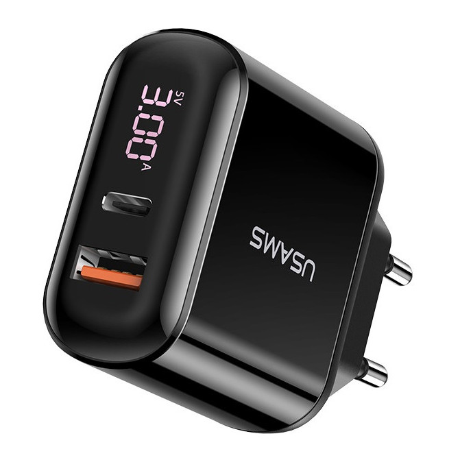 Адаптер мережі USAMS US-CC085 з дисплеїв, 1USB, 1Type-C, чорний, фото 1